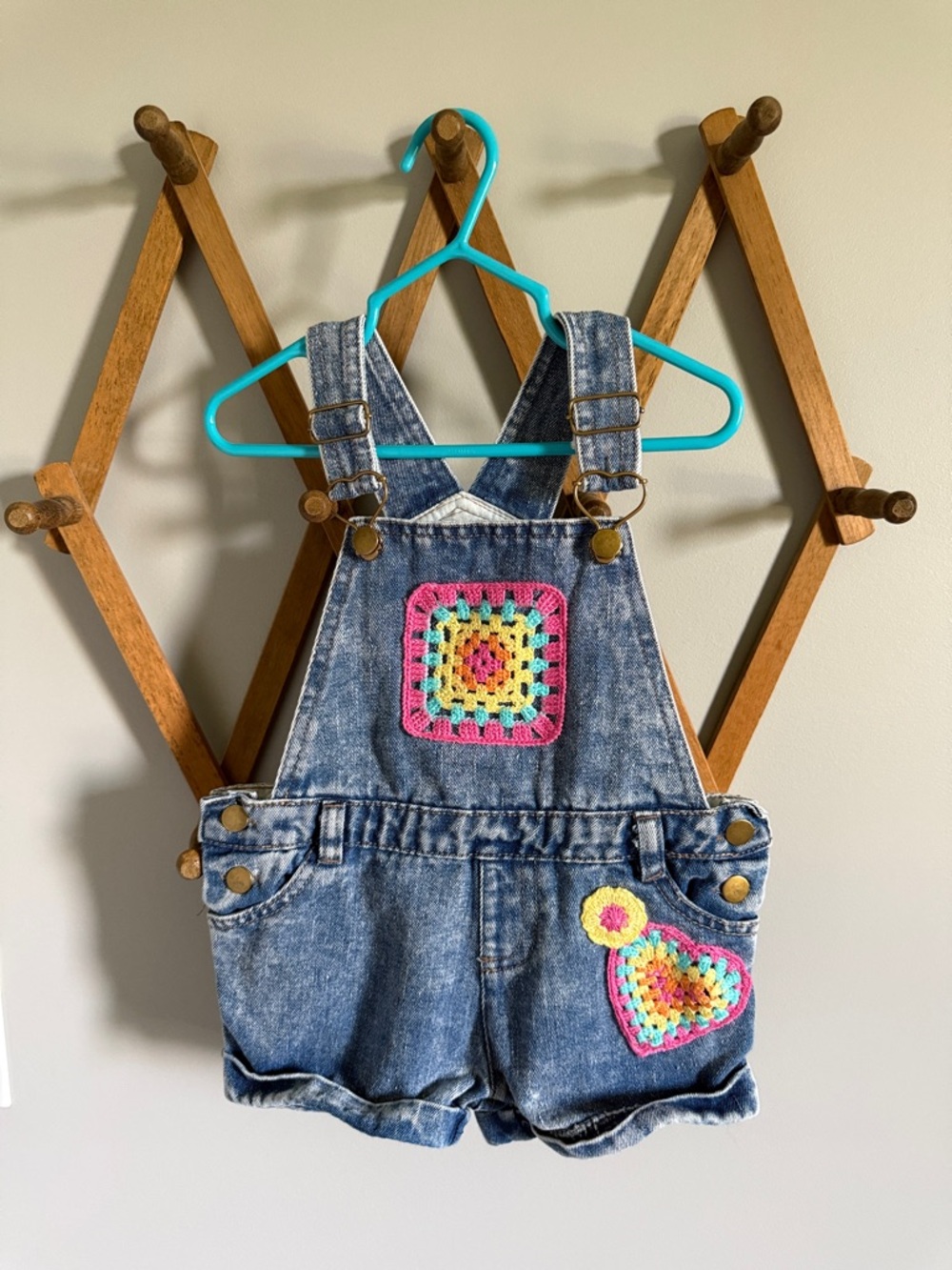 Little Lass Blue Denim Short Overalls with Colorful Crochet Accents